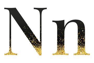 Elegant Black and Gold Glitter alphabet set with letters, numbers, icons, shapes, and symbols.