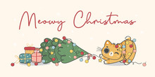 Cute Christmas Cat Illustration Banner, Featuring An Adorable Kawaii Character With Holiday Decorations. Perfect For Festive Designs And Xmas Greeting Cards