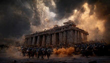 AI Generated Image Depicting A Battle Between Two Greek Armies In Front Of The Acropolis Partheon In Ancient Athens