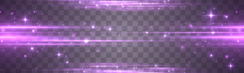 Wall Mural - Purple soft horizontal neon lines. Set of abstract lens flares. Flash purple line motion. Laser sparkle beams, glowing violet speed rays, dust sparks light effect. Luminous sparkling lined. Vector