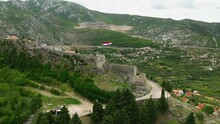 Rear Aerial Approach Of The Fortress Of Klis In Split, Croatia