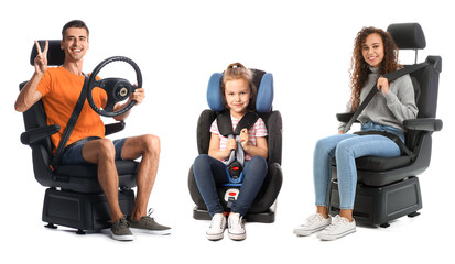 Sticker - Collection of young family sitting in car seats on white background