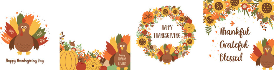 Thanksgiving day poster set with turkey, floral autumn leaves, pumpkin, sunflower vector illustration. Fall floral thanksgiving day greeting, invitation decorative banner, border, frame, wreath design