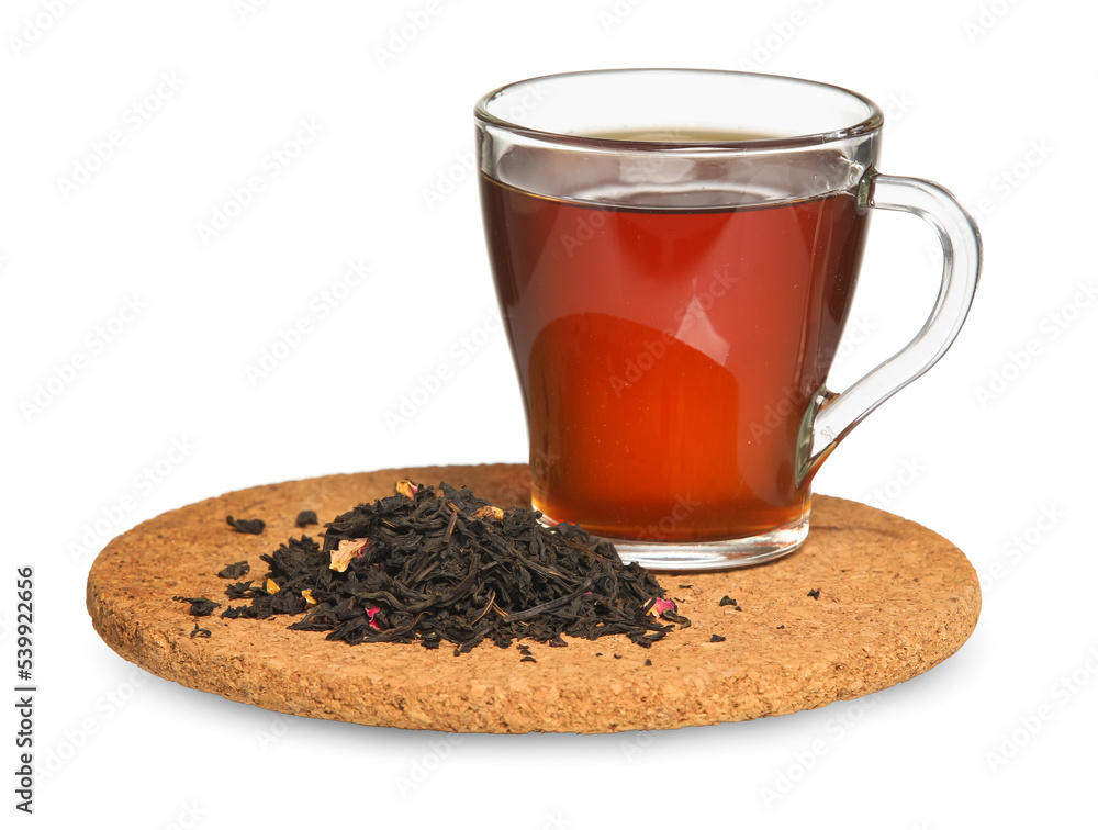 Glass cup of hot black tea isolated on white background