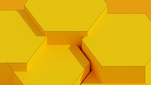 Hexagon Podium. Large Yellow Hexagons In Hard Sunlight. 3d Rendering.