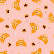 Seamless children's pattern on a pink background. A dummy with a tiger. Pacifier for children