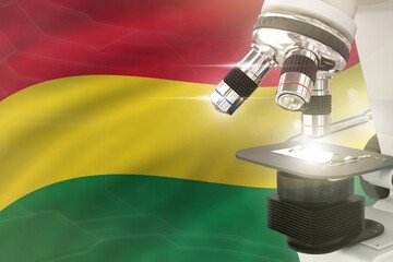 Wall Mural - Bolivia science development concept - microscope on flag background. Research in genetics or physics 3D illustration of object