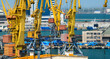 industrial seaport infrastructure, sea, ship and cranes, concept of sea cargo transportation