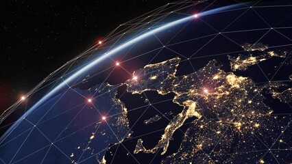 Wall Mural - digital grid over the earth at night. beautiful night cities view from space satellite. futuristic a