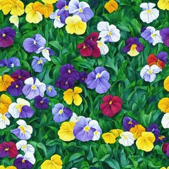 Wall Mural - Pansies flowers with leaves – High quality botanical painting