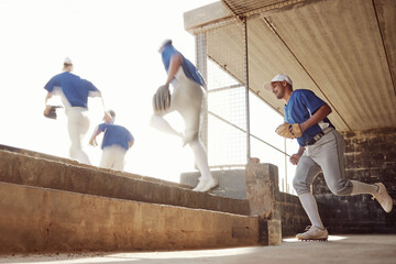 Sticker - Sports, baseball dugout or team running into championship game, competition or practice match. Group of men, athlete or baseball player ready for cardio exercise, fitness workout or teamwork training