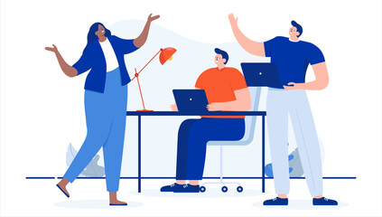 Happy office people working - Workers doing job, talking and socialising at the workplace. Flat design cartoon vector illustration with white background