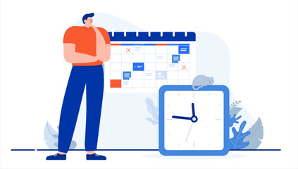 Aufkleber - Man with clock and calendar - Working person in office doing time management and planning. Flat design cartoon vector illustration with white background