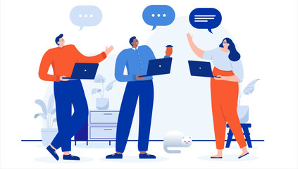 Fototapete - Happy people talking at work - Casual businesspeople having conversation and being social at workplace. Positive work environment concept. Flat design cartoon vector illustration with white background
