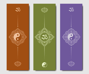 Set of design yoga mats. Lotus floral pattern, OM and Yin-yang in oriental style for decoration sport equipment. Colorful ethnic Indian ornaments for spiritual serenity. Decor of card, poster, print.