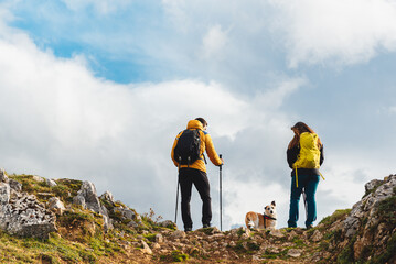 couple of mountaineers with a backpack and trekking poles doing a high mountain route with their dog. outdoor activities. healthy lifestyle