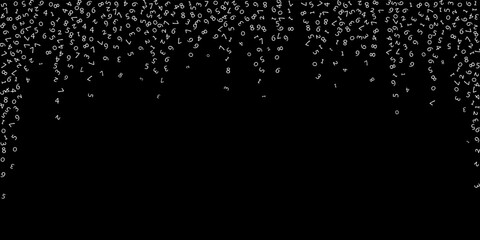 Falling numbers, big data concept. Binary white random flying digits. Stunning futuristic banner on black background. Digital vector illustration with falling numbers.