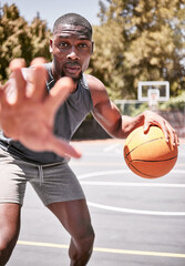 Wall Mural - Portrait, sport and basketball black man on court in training, practice or game. Health, exercise and workout male athlete showing off skills, exercise for sports competition or tournament outdoor