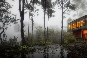 Wall Mural - Interior with huge window and rainforest view