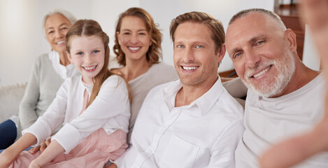 Poster - Selfie, happy and big family on the sofa in their living room for happiness, care and relax together in their house. Portrait of grandparents, parents and child with smile for a photo on the couch