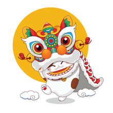 Lion Dance. Cute Style Cat Performing Traditional Lion Dance Cartoon Illustration.
