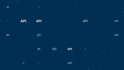 Template animation of evenly spaced api symbols of different sizes and opacity. Animation of transparency and size. Seamless looped 4k animation on dark blue background with stars
