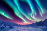 Aurora borealis on the Norway. Green northern lights above mountains. Night sky with polar lights. Night winter landscape with aurora and reflection on the water surface. Natural back