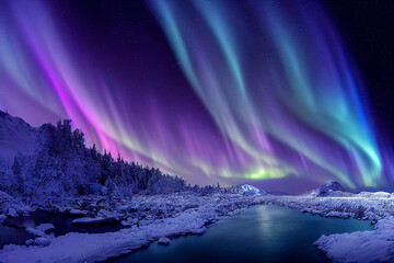 Wall Mural - aurora borealis on the norway. green northern lights above mountains. night sky with polar lights. n