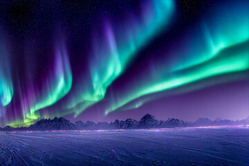 Wall Mural - aurora borealis on the norway. green northern lights above mountains. night sky with polar lights. n