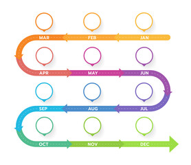 Wall Mural - Infographic template for business. 12 Months modern Timeline diagram calendar with arrows, presentation vector infographic with PNG transparent background.