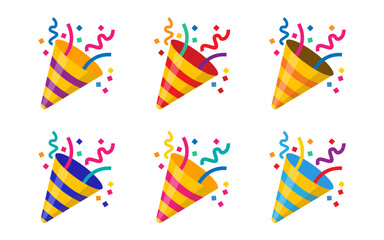 Party popper icons in different colors.Confetti logo,congratulate and celebrate elements.Vector party poppers set.Exploding cracker icon.