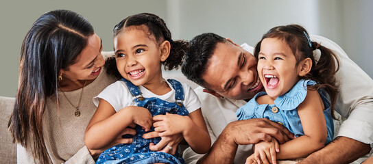 love, care and parents with happy family of children laughing together at home in puerto rico. mama,