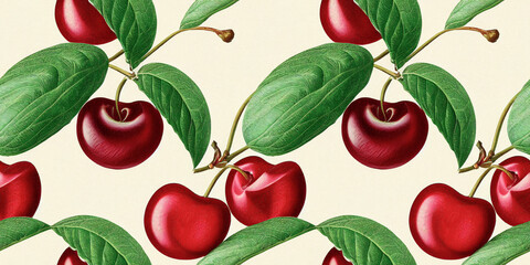 Wall Mural - Cherry seamless pattern on pink background. Red ripe berries and green leaves. Vintage botanical digital illustration for printing fabric, wrapping paper, packaging.
