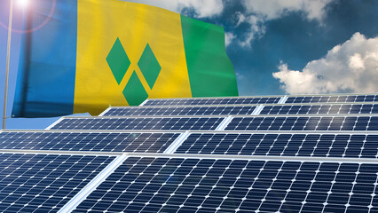 Solar panel, photovoltaic, alternative electricity source - concept of sustainable resources renewable energy Green energy sustainability power flag wave sunset