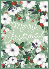 Wall Mural - Christmas and Happy New Year card with white Christmas tree and flowers. Trendy retro style. Vector design.