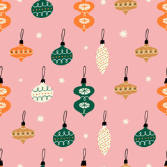 Christmas seamless pattern with xmas balls. Hand Drawn texture for winter holidays. 