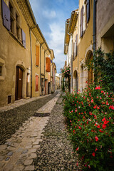  Medieval houses and cobblestone street in the village of Rochemaure, in the South of France (Ardeche)