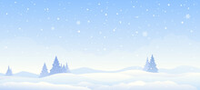 Vector Illustration Of A Winter Morning Landscape, Light Blue Panoramic Banner