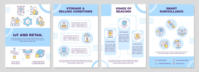 IoT and retail blue brochure template. Optimize online selling. Leaflet design with linear icons. Editable 4 vector layouts for presentation, annual reports. Arial-Black, Myriad Pro-Regular fonts used