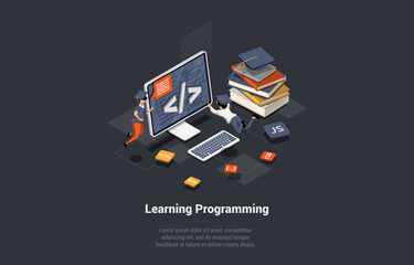 Programming And Coding Learning Concept. Software Coding, Testing, Debugging. Mobile Apps Programming. SEO, Search Engine. Programming Languages For Code Learning. Isometric 3d Vector Illustration