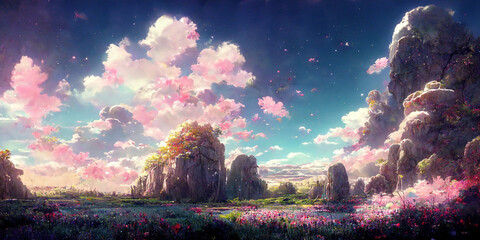 WIde Angle Japanese Anime Landscape Background. Clear Sky with Dynamic Sunlight See Through Sakura Cloud. Sakura Tree. Beautiful Wildness Fantasy Scenery.