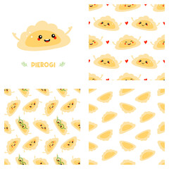 Wall Mural - Cute smiling cartoon style pierogi, filled dumplings characters and set, collection of three pierogi vector seamless pattern backgrounds. 
