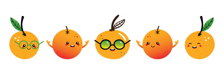 Wall Mural - Variety of cute and smiling cartoon style orange, mandarin, tangerine characters for food and nature design. Set, collection of orange fruits icons.
