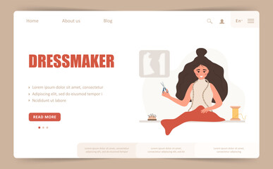 dressmaker landing page or web banner template. woman seamstress with scissors cuts red fabric. fash