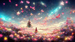 Fairy tale forest with pink, purple, blue butterfly around waterfall among clouds. Digital art illustration
