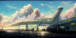 WIde Angle Japanese Anime Landscape Background. Clear Sky with Dynamic Cloud. Airport Transportation. Beautiful Scenery.