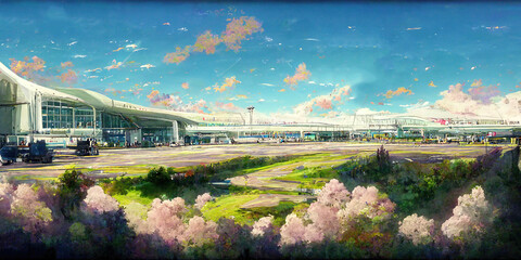 Wall Mural - wide angle japanese anime landscape background. clear sky with dynamic cloud. airport transportation