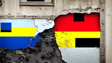 A Cracked Paint Graffiti Of The German / Belgian / Ukraine Flag Colors On An Old Aging House Wall - Illustration - Background Texture