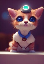 A Cute Lovely Cat In Vet Uniform And Headpiece With Blue Eyes. 3D Rendering And Animal Veterinarian Healthcare Background.