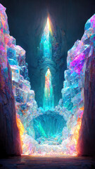 Wall Mural - Sparkling multi-colored crystals with rays of light on black background. Video game style, gorge. Ai generated art illustration.